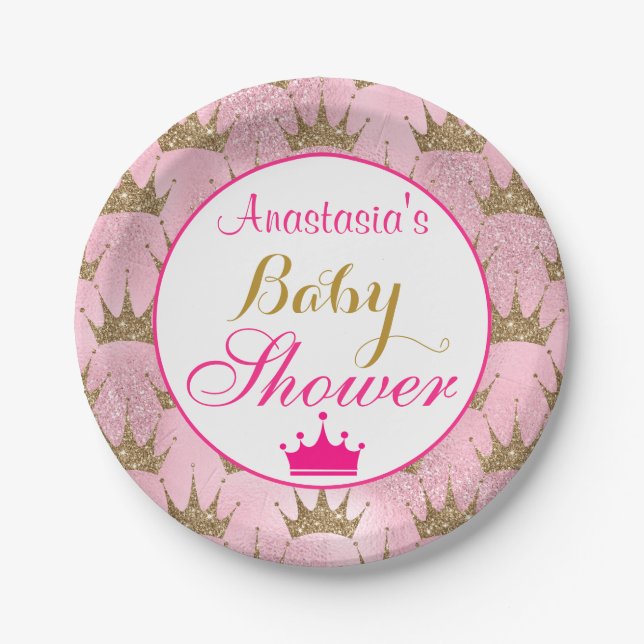 Girly Princess Hot Pink & Gold Glitter Baby Shower Paper Plates (Front)