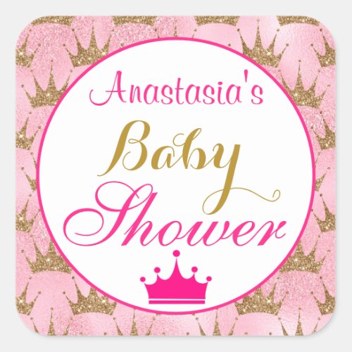 Girly Princess Hot Pink  Gold Glitter Baby Shower Square Sticker