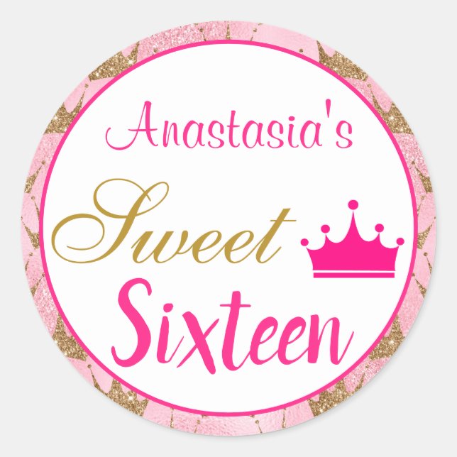 Girly Princess Hot Pink Gold Glitter Sweet Sixteen Classic Round Sticker (Front)
