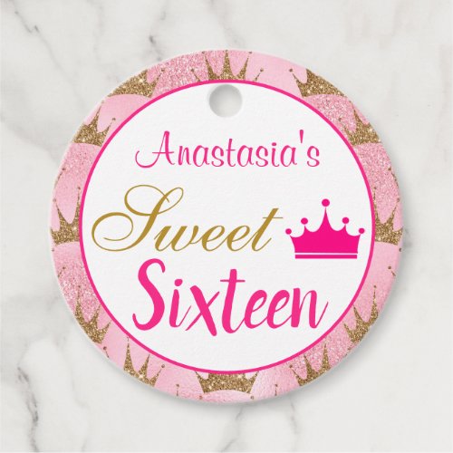 Girly Princess Hot Pink Gold Glitter Sweet Sixteen Favor Tags