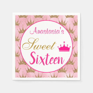 Girly Princess Hot Pink Gold Glitter Sweet Sixteen Napkins