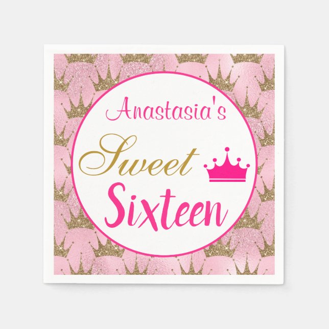 Girly Princess Hot Pink Gold Glitter Sweet Sixteen Napkins (Front)