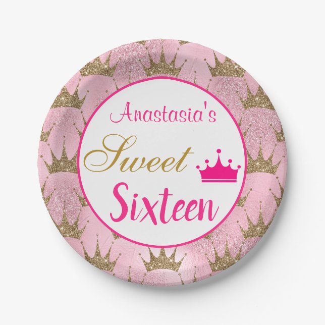 Girly Princess Hot Pink Gold Glitter Sweet Sixteen Paper Plates (Front)