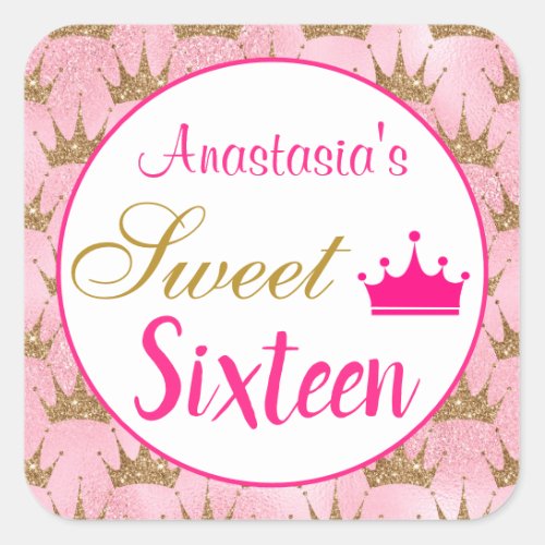Girly Princess Hot Pink Gold Glitter Sweet Sixteen Square Sticker