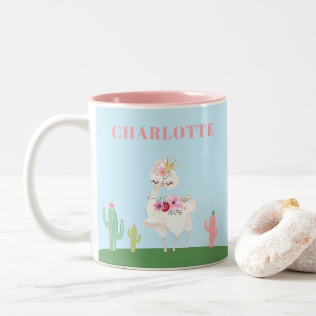 Girly Princess Llama Floral Cactus Two-Tone Coffee Mug (With Donut)