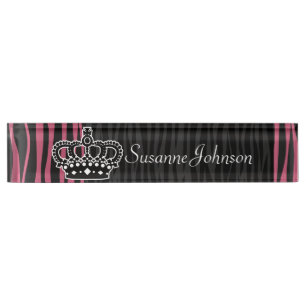 Girly princess pink and black zebra print desk name plate