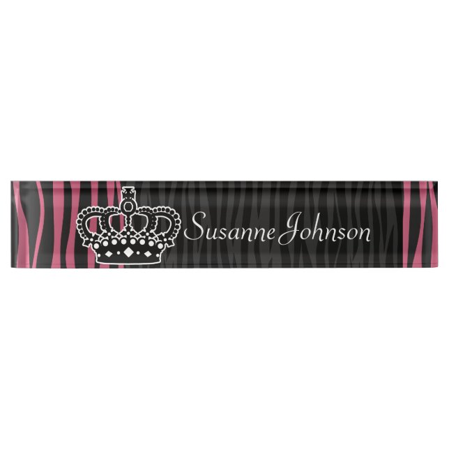 Girly princess pink and black zebra print desk name plate (Front)