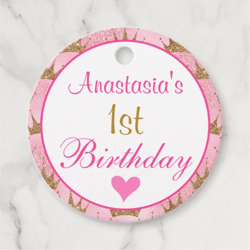 Girly Princess Pink and Gold Glitter 1st Birthday Favor Tags