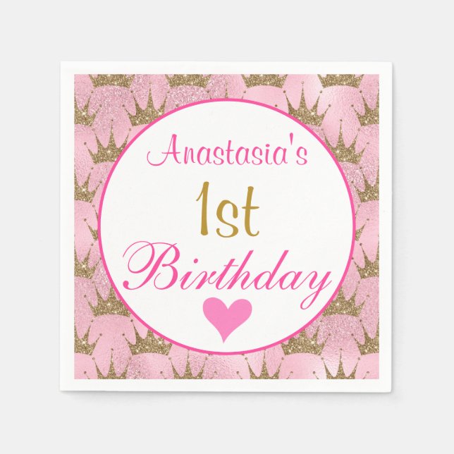 Girly Princess Pink and Gold Glitter 1st Birthday Napkins (Front)