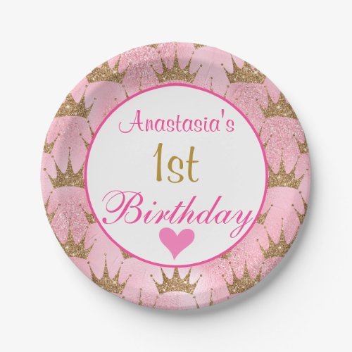 Girly Princess Pink and Gold Glitter 1st Birthday Paper Plates