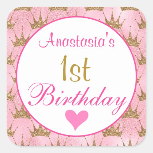 Girly Princess Pink and Gold Glitter 1st Birthday Square Sticker