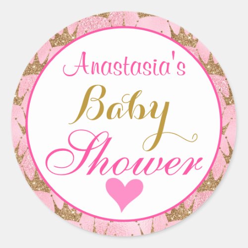 Girly Princess Pink and Gold Glitter Baby Shower Classic Round Sticker