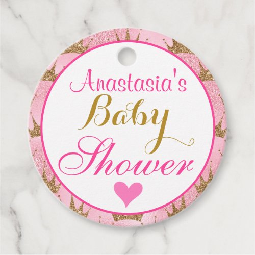 Girly Princess Pink and Gold Glitter Baby Shower Favor Tags