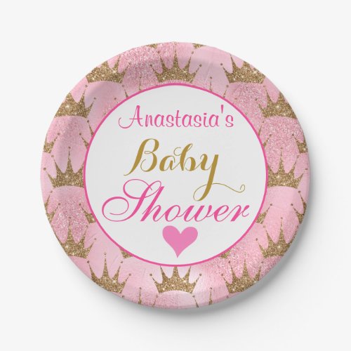 Girly Princess Pink and Gold Glitter Baby Shower Paper Plates