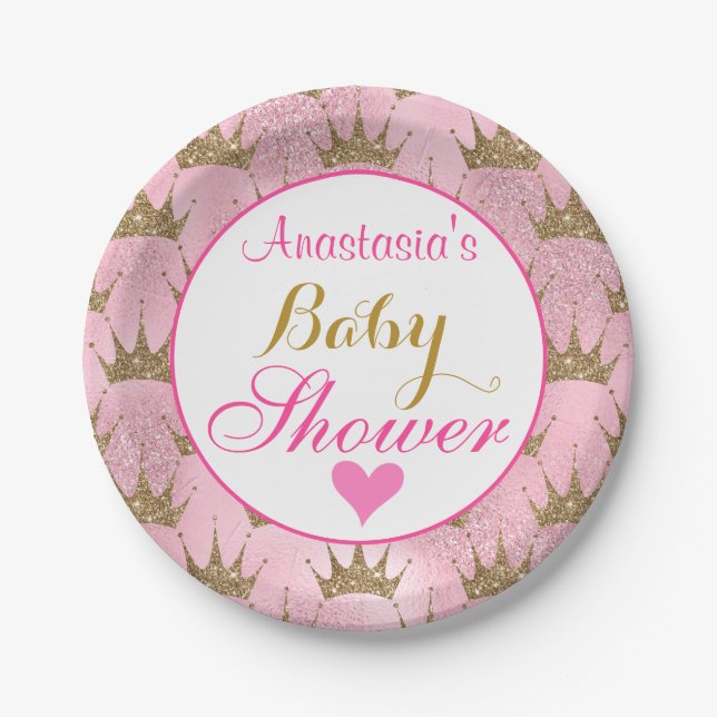 Girly Princess Pink and Gold Glitter Baby Shower Paper Plates (Front)