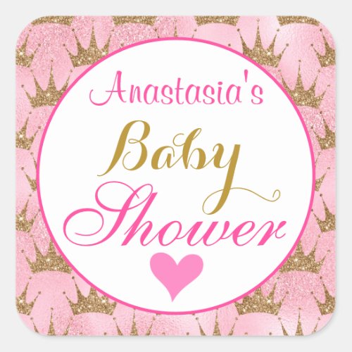 Girly Princess Pink and Gold Glitter Baby Shower Square Sticker