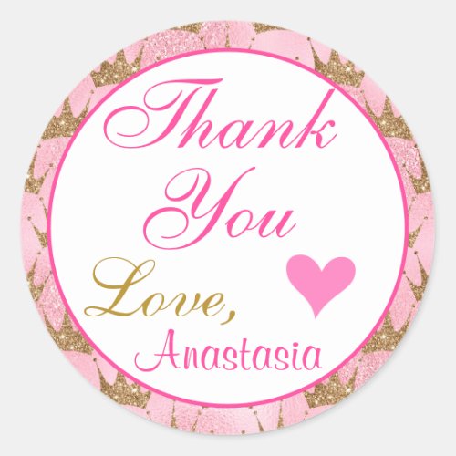 Girly Princess Pink and Gold Glitter Thank You Classic Round Sticker