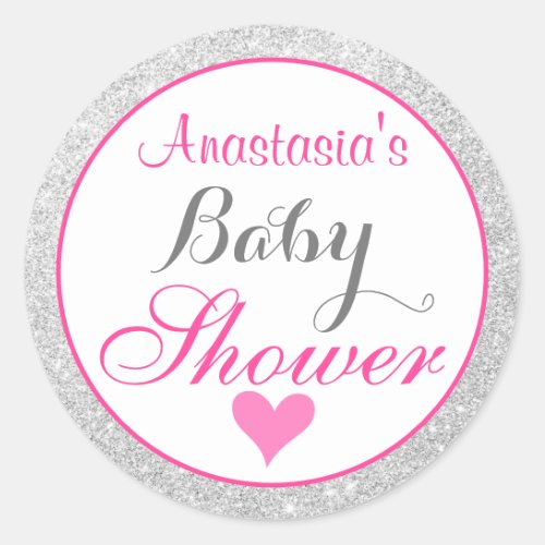 Girly Princess Pink and Silver Glitter Baby Shower Classic Round Sticker