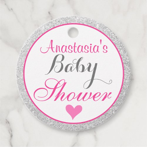 Girly Princess Pink and Silver Glitter Baby Shower Favor Tags