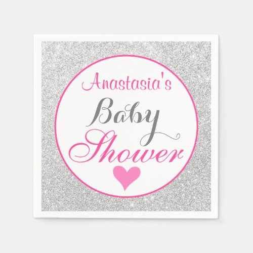 Girly Princess Pink and Silver Glitter Baby Shower Napkins