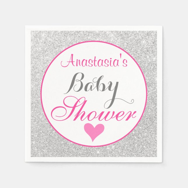 Girly Princess Pink and Silver Glitter Baby Shower Napkins (Front)