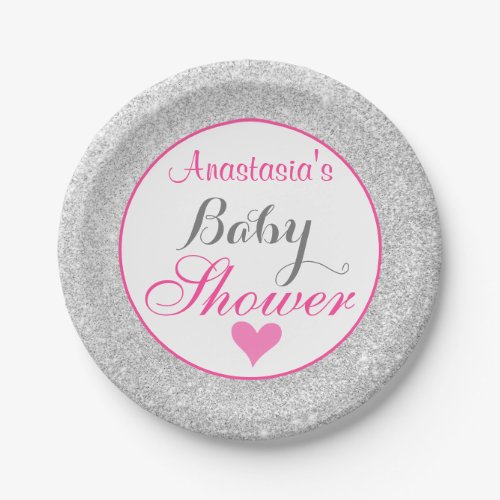 Girly Princess Pink and Silver Glitter Baby Shower Paper Plates