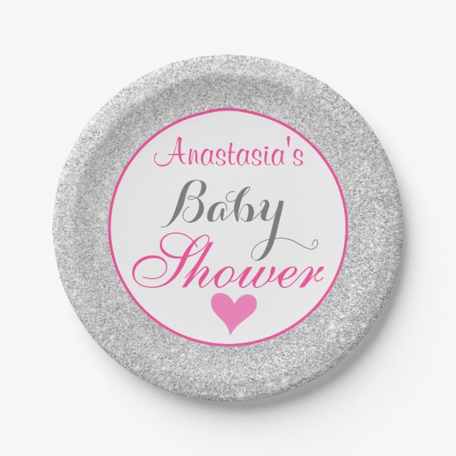 Girly Princess Pink and Silver Glitter Baby Shower Paper Plates (Front)