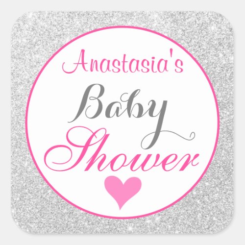 Girly Princess Pink and Silver Glitter Baby Shower Square Sticker