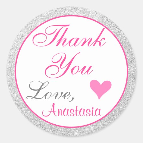 Girly Princess Pink and Silver Glitter Thank You Classic Round Sticker