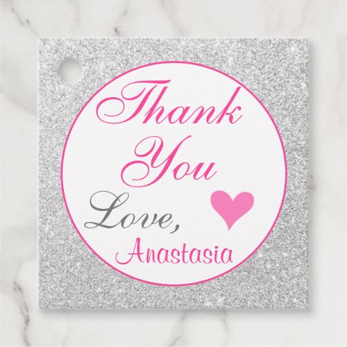 Girly Princess Pink and Silver Glitter Thank You Favor Tags