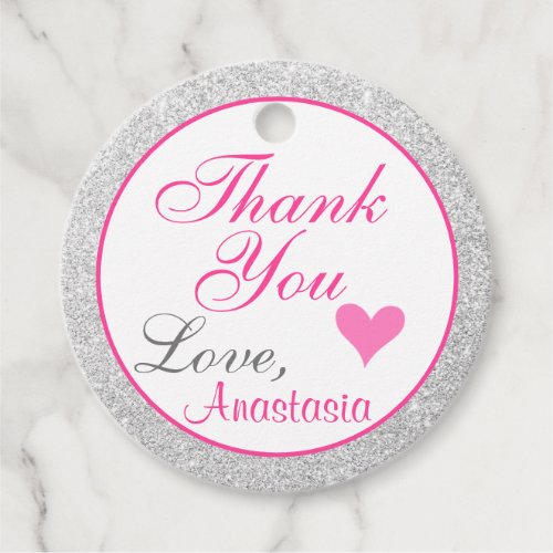 Girly Princess Pink and Silver Glitter Thank You Favor Tags