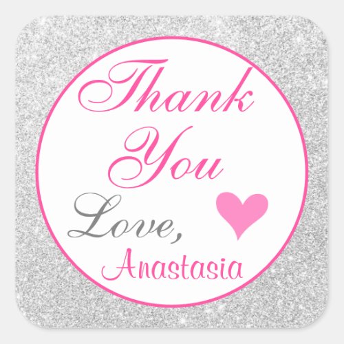 Girly Princess Pink and Silver Glitter Thank You Square Sticker