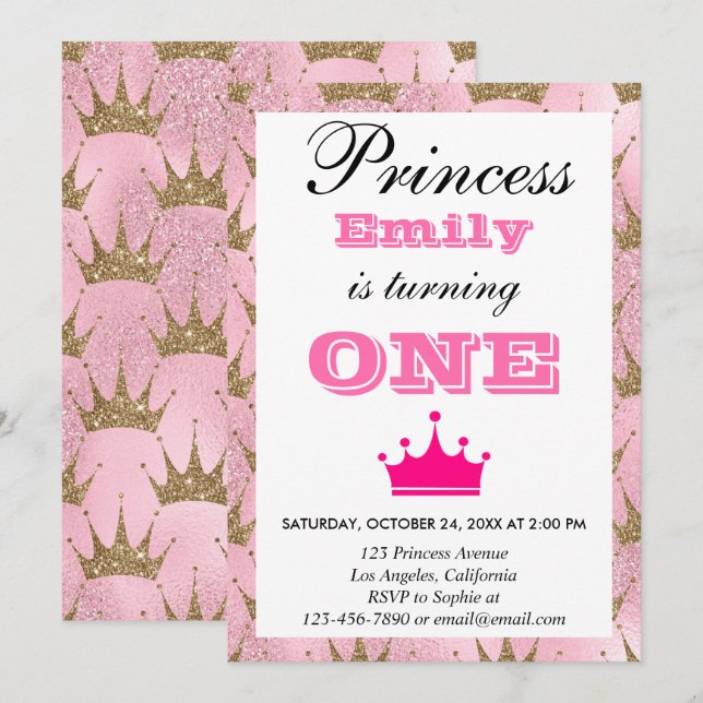 Girly Princess Pink & Gold Glitter First Birthday Invitation (Front/Back)