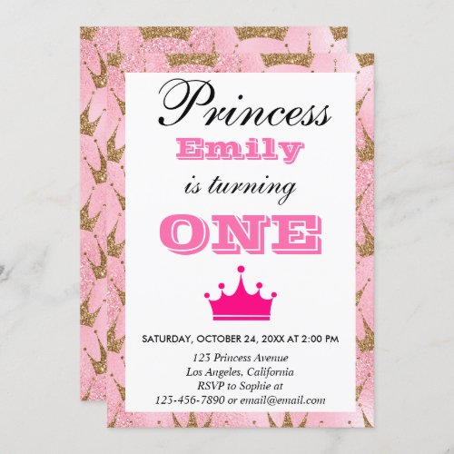 Girly Princess Pink  Gold Glitter First Birthday Invitation