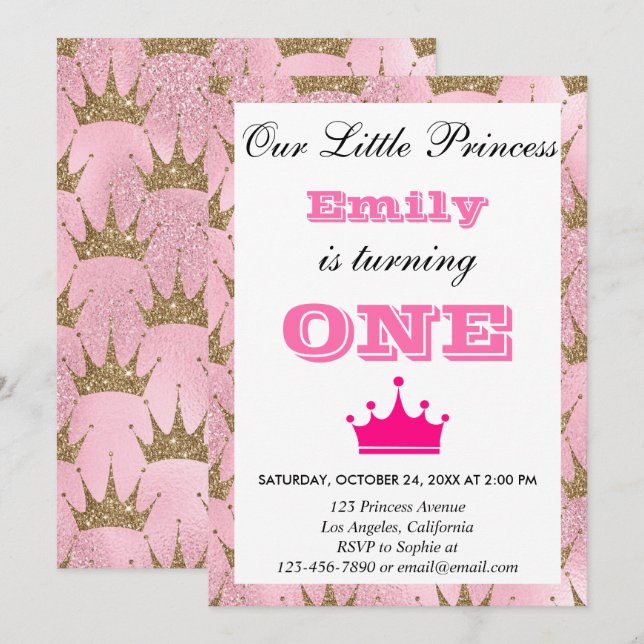 Girly Princess Pink & Gold Glitter First Birthday Invitation (Front/Back)