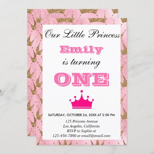 Girly Princess Pink  Gold Glitter First Birthday Invitation