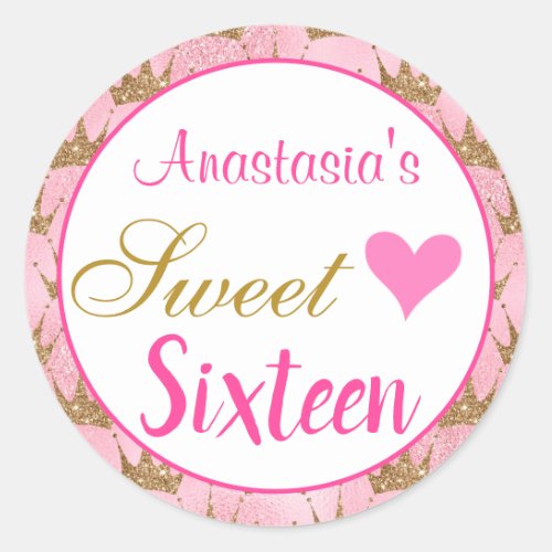 Girly Princess Pink Gold Glitter Sweet Sixteen 16 Classic Round Sticker