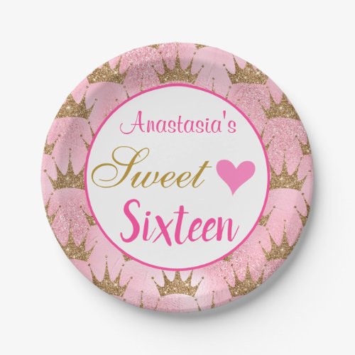 Girly Princess Pink Gold Glitter Sweet Sixteen 16 Paper Plates