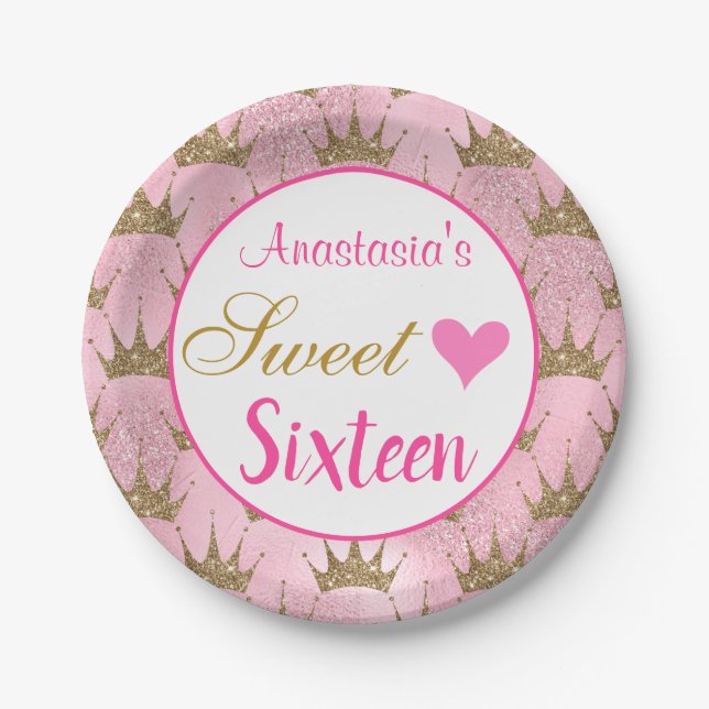 Girly Princess Pink Gold Glitter Sweet Sixteen 16 Paper Plates (Front)