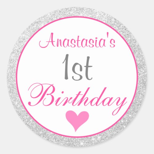 Girly Princess Pink  Silver Glitter 1st Birthday Classic Round Sticker