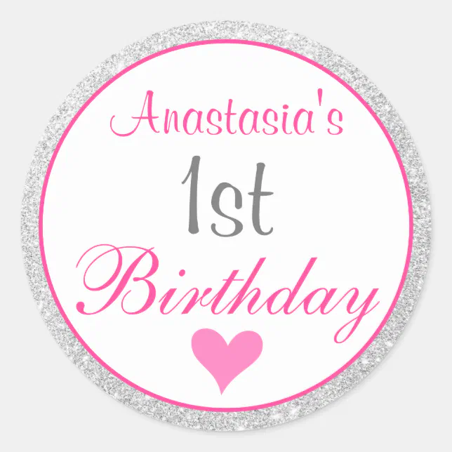 Girly Princess Pink & Silver Glitter 1st Birthday Classic Round Sticker ...