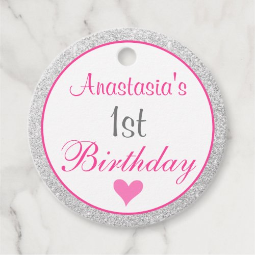 Girly Princess Pink  Silver Glitter 1st Birthday Favor Tags