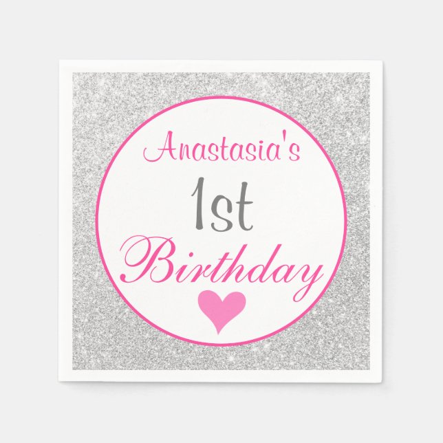 Girly Princess Pink & Silver Glitter 1st Birthday Napkins (Front)