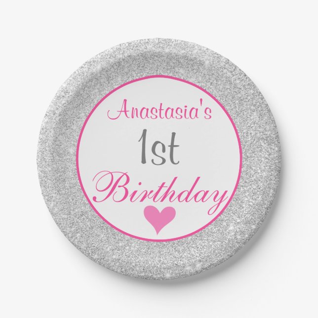 Girly Princess Pink & Silver Glitter 1st Birthday Paper Plates (Front)