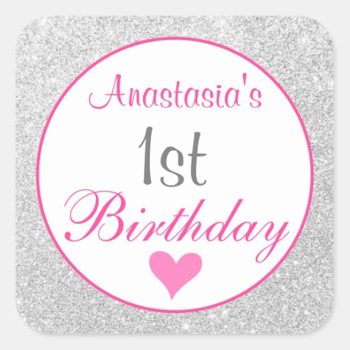Girly Princess Pink  Silver Glitter 1st Birthday Square Sticker