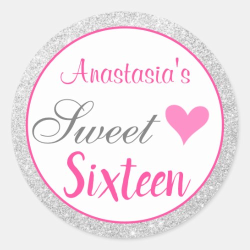 Girly Princess Pink  Silver Glitter Sweet Sixteen Classic Round Sticker