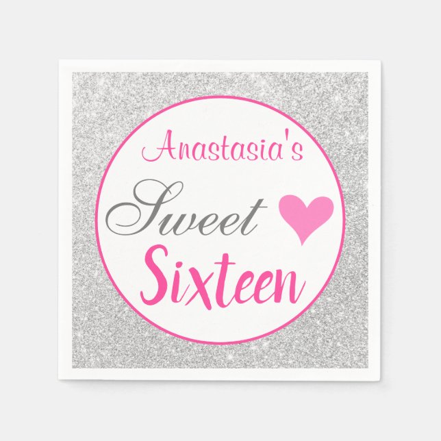 Girly Princess Pink & Silver Glitter Sweet Sixteen Napkins (Front)