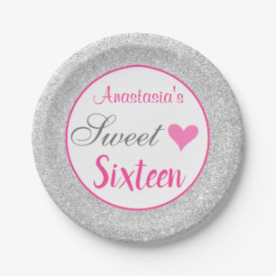 Girly Princess Pink & Silver Glitter Sweet Sixteen Paper Plates