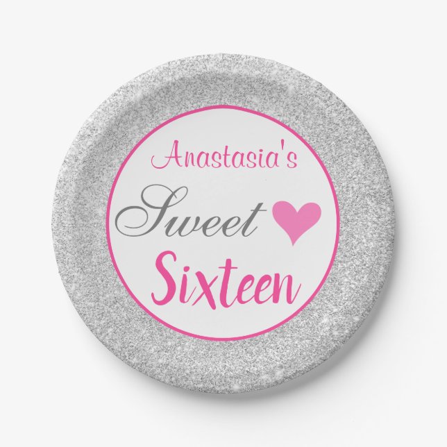 Girly Princess Pink & Silver Glitter Sweet Sixteen Paper Plates (Front)