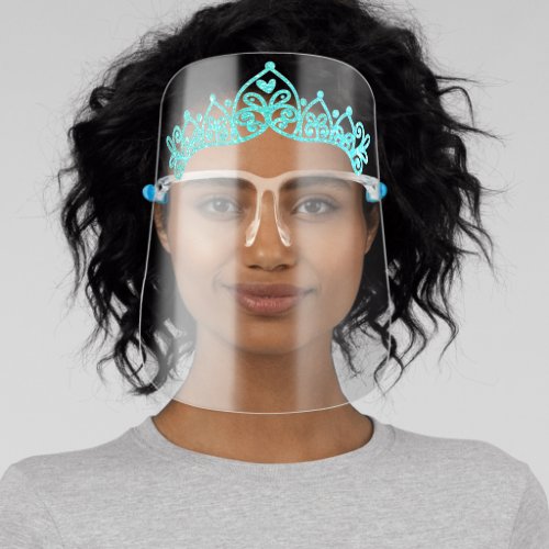Girly Princess Tiara Crown Turquoise Glitter Face Shield